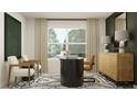 Brightly lit home office with a modern desk, two chairs, a large window, and stylish decor and patterned floor rug at 13519 White Gold Run, Parrish, FL 34219