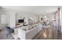 Bright, open living area featuring modern furniture and a seamless flow to the dining and kitchen spaces at 17668 Bright Wheat Dr, Lithia, FL 33547