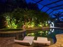 A serene pool area at night, showcasing the calming water feature and lush tropical landscaping at 29118 Picana Ln, Wesley Chapel, FL 33543
