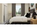 Comfortable bedroom featuring a guitar, abstract floor design, and blackout curtains at 7541 E 116Th St, Palmetto, FL 34221