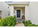 Inviting front entrance with a blue door, tidy landscaping, and a covered porch at 13686 Whiskey Daisy Dr, Dade City, FL 33525