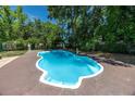Inviting backyard swimming pool surrounded by a spacious patio and lush greenery at 1683 Pine St, Largo, FL 33774
