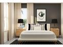 Bright bedroom featuring minimalist decor, neutral tones, and stylish bedside lamps at 18154 Serene Lake Loop, Lutz, FL 33548