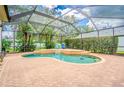 Sparkling screened-in pool is surrounded by a brick patio and tropical landscaping at 2146 Gold Dust Ct, Trinity, FL 34655