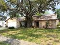Inviting single-story home with a two-car garage and well-kept lawn, shaded by a mature tree at 1228 Rainbrook Cir, Valrico, FL 33596