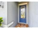 Close-up of the front door featuring a decorative glass window and brick-tiled entryway at 751 Cajeput Loop, Tarpon Springs, FL 34689