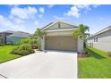 Attractive home with a two-car garage, beautiful lawn, and vibrant landscaping, complemented by a sunny sky at 6097 Golden Nettle Dr, Apollo Beach, FL 33572
