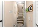 Cozy staircase with carpeted steps and a handrail, perfect for easy access to the next level at 918 Sombra Street, Tampa, FL 33619