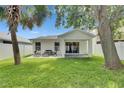 Relaxing backyard oasis with covered patio and lush green lawn at 11728 Crest Creek Dr, Riverview, FL 33569