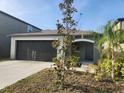 Inviting one-story home with a well-manicured lawn and covered entryway at 16725 Delia St, Wimauma, FL 33598