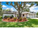 A cozy single-story home featuring mature landscaping, manicured lawn, and an oversized tree in the center of the yard at 120 Fernbrook Rd, Oldsmar, FL 34677