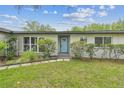 Inviting home exterior with a light blue front door, stone walkway, and lush landscaping at 2205 Henley Rd, Lutz, FL 33558
