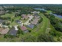 Aerial view showcases a single Gathering home on a large lot next to a greenbelt and a picturesque pond at 34652 Heavenly Ln, Dade City, FL 33525