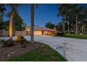 View of ranch home with an extended driveway and lush tropical landscaping at twilight at 7507 Beasley Rd, Tampa, FL 33615