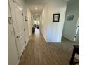 Hallway showcasing wood-style tile flooring and several interior doors and wall art at 12032 Grand Kempston Dr, Gibsonton, FL 33534