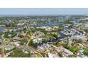 Scenic aerial view highlights the house's waterfront location with canal access, surrounded by lush greenery at 216 High St, Tarpon Springs, FL 34689
