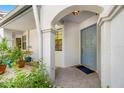 Inviting entryway with a blue front door and decorative plants at 3447 Killdeer Pl, Palm Harbor, FL 34685