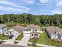 An aerial view of a two-story home with a well-manicured lawn near a peaceful pond and lush green trees at 3739 Capri Coast Dr, Plant City, FL 33565