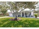 Inviting single-story home featuring a lush green lawn, adorned with a mature shade tree, and front porch seating at 2271 Carolyn Dr, Dunedin, FL 34698