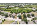 An aerial view displays the home's placement within a tranquil neighborhood close to a pond and other residences at 5925 Sweet William Ter, Land O Lakes, FL 34639