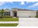 Inviting single-story home with a manicured lawn and a spacious three-car garage at 33700 Hamilton Hill Ln, Wesley Chapel, FL 33545