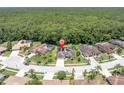 An aerial view of a well-maintained home located on a picturesque lot surrounded by lush greenery at 4049 Wellington Pkwy, Palm Harbor, FL 34685