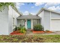 Close up of the front entrance showcasing the light blue door, lush landscaping, and decorative mulch at 10110 Pepperidge Ct, Tampa, FL 33615