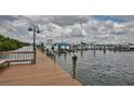 View of a marina with boats docked along a wooden pier under a cloudy sky at 6468 Rubia Cir, Apollo Beach, FL 33572