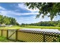 Serene backyard view overlooking a pond, surrounded by lush greenery and a wooden fence at 6628 Summer Haven Dr, Riverview, FL 33578