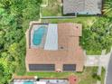 Aerial view showcasing a private pool, solar panels, and lush landscaping, enhancing this home's appeal and energy efficiency at 313 Oak Crest Dr, Safety Harbor, FL 34695