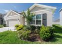 Charming front yard with lush landscaping, shrubbery, and a shade tree at 33488 Elm Hill Br, Wesley Chapel, FL 33545