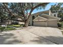 Inviting home with a spacious driveway, three-car garage, and mature landscaping with a lovely tree at 709 Grand Canyon Dr, Valrico, FL 33594