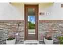 Charming entryway featuring a modern door, stone accents, and potted plants for a welcoming appeal at 13311 Dorado Shores Ave, Riverview, FL 33579