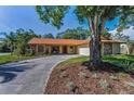 Charming single-story home featuring a stone facade, lush landscaping, and a long driveway leading to an attached garage at 3041 Oak View Dr, Palm Harbor, FL 34684