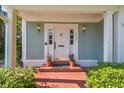 Inviting front door with sidelights and potted plants and a brick walkway at 3105 W San Isidro St, Tampa, FL 33629