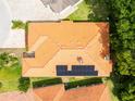 Aerial view of the home featuring a tile roof with solar panels, surrounded by lush greenery at 6928 Cozumel Ct, Land O Lakes, FL 34637
