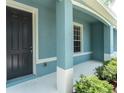 A well kept blue porch featuring a black front door, white columns and green shrubbery at 11617 Colony Lake Dr, Tampa, FL 33635