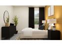 Comfortable bedroom features black-out curtains, modern lamps, a dresser, and a decorative plant at 16962 Warm Hand Ct, Land O Lakes, FL 34638