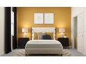 Stylishly decorated bedroom featuring a modern color scheme, a plush bed with decorative pillows, and trendy artwork at 16962 Warm Hand Ct, Land O Lakes, FL 34638