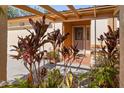 Close-up of home entrance showing lush tropical landscaping and custom glasswork at 11125 117Th St, Seminole, FL 33778