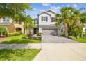 Inviting two-story home featuring a paved driveway, manicured landscaping, and symmetrical palm trees in a desirable location at 4177 Beeswax Ln, Land O Lakes, FL 34638
