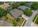 Aerial view of a home showcasing a screened-in pool, well-maintained yard, and neighborhood setting at 4530 Roanoak Way, Palm Harbor, FL 34685