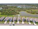 An aerial view of a neighborhood with a community pond and lush greenery at 5411 Thistle Field Ct, Wesley Chapel, FL 33545