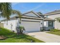 Beautiful single-story home with a well-manicured lawn, featuring a two-car garage with white door at 5411 Thistle Field Ct, Wesley Chapel, FL 33545