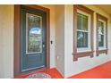 Elegant front door with decorative glass and matching sidelight windows framed with dark brown trim at 4089 Windcrest Dr, Wesley Chapel, FL 33544