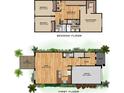 Layout showcasing first and second floor dimensions; patio, kitchen, bedrooms, and garage at 11742 Blackbrook Ct, Seffner, FL 33584