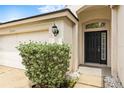 Inviting front entrance with well-kept landscaping, a black door and trim, and updated exterior lighting at 27353 Edenfield Dr, Wesley Chapel, FL 33544