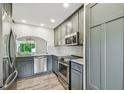 Modern kitchen with stainless steel appliances, gray cabinets, and stone countertops at 11628 Aspenwood Dr, New Port Richey, FL 34654