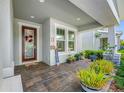 Inviting front porch with brick flooring, decorative plants, and a welcoming front door at 4633 Ballantrae Blvd, Land O Lakes, FL 34638