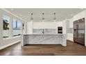 Modern kitchen featuring an oversized marble island, stainless steel appliances, and a sleek, minimalist design for a clean aesthetic at 712 W Plymouth St, Tampa, FL 33603